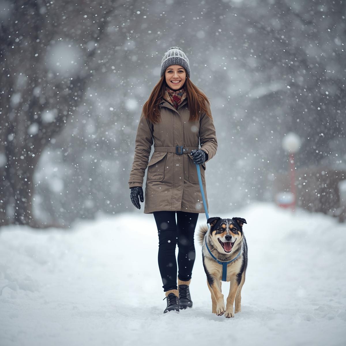 person walking dog on leash in winter